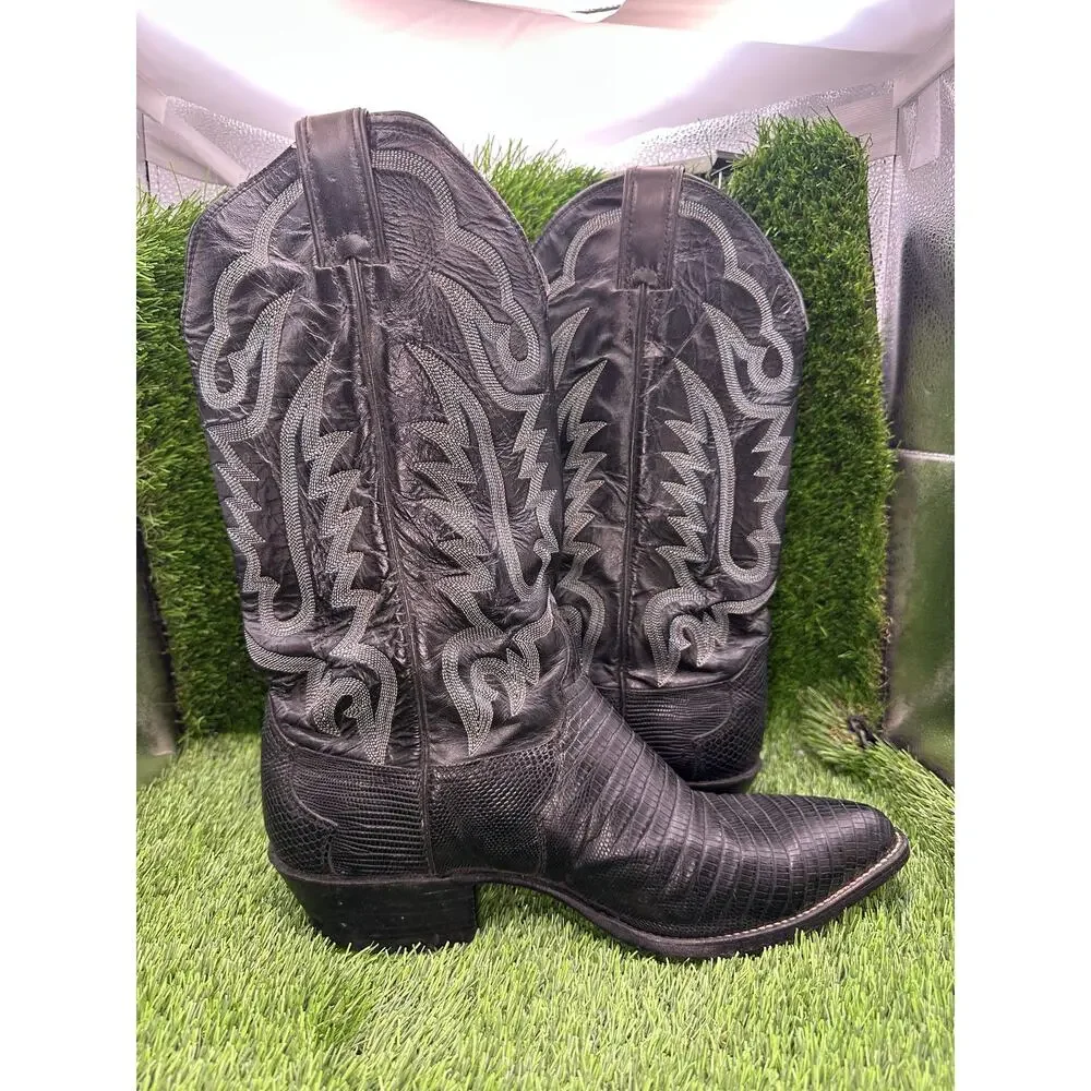 Vintage Justin 8311 Western Boot Men's 9.5 Black Leather Lizard Cowboy Ranch